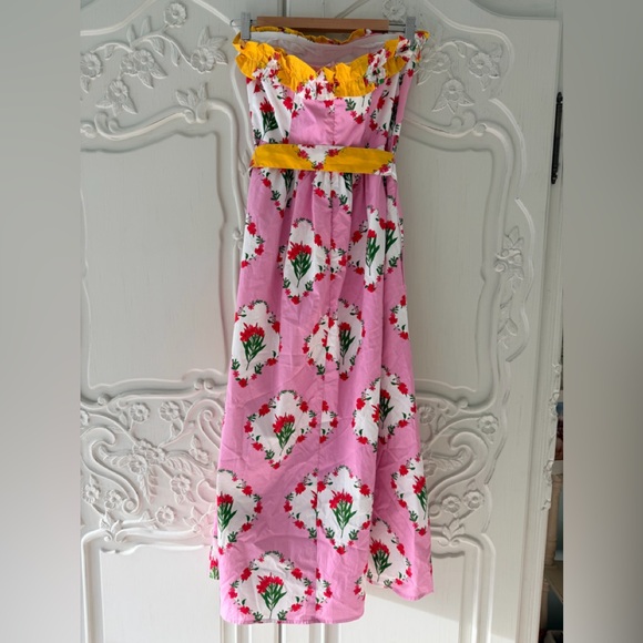 NWT Sugarlips Maia Floral Strapless Dress with Yellow Ruffle Edge and Belt - Picture 7 of 7